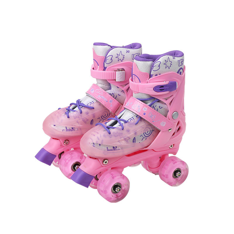 Adjustable size double row four-wheel roller skates