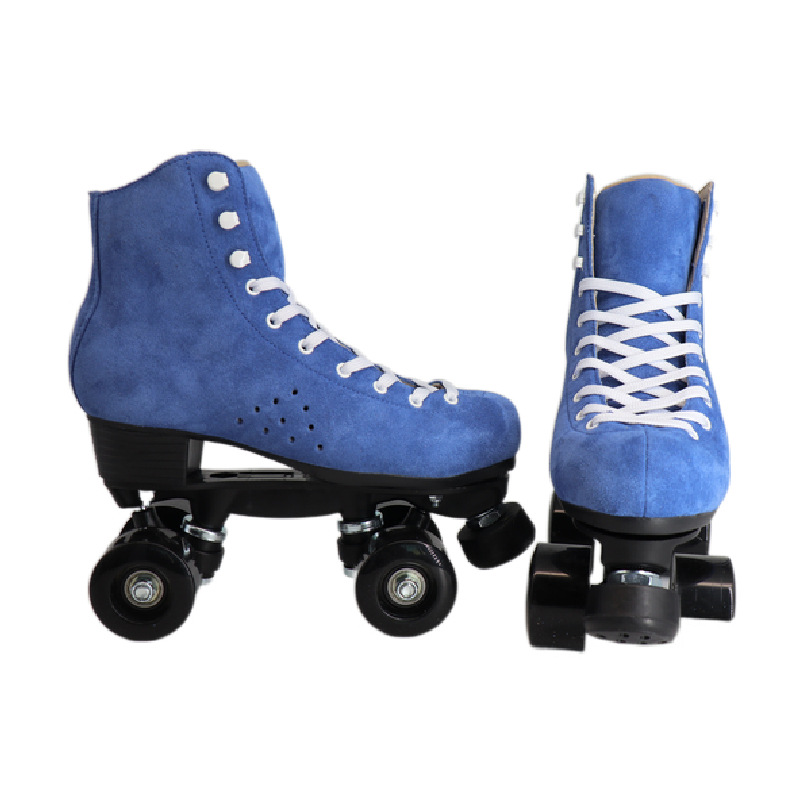 Suede double row skates PU four-wheel plastic steel base roller skates blue men's and women's adult roller skates